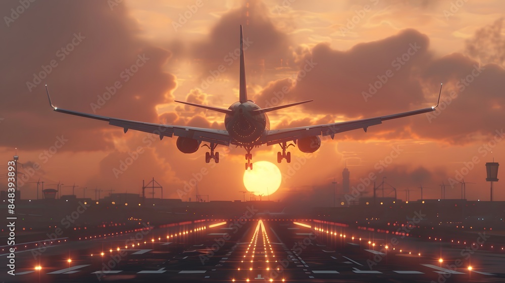 The plane rises from the airport, at sunset The plane rises from the airport, at sunset