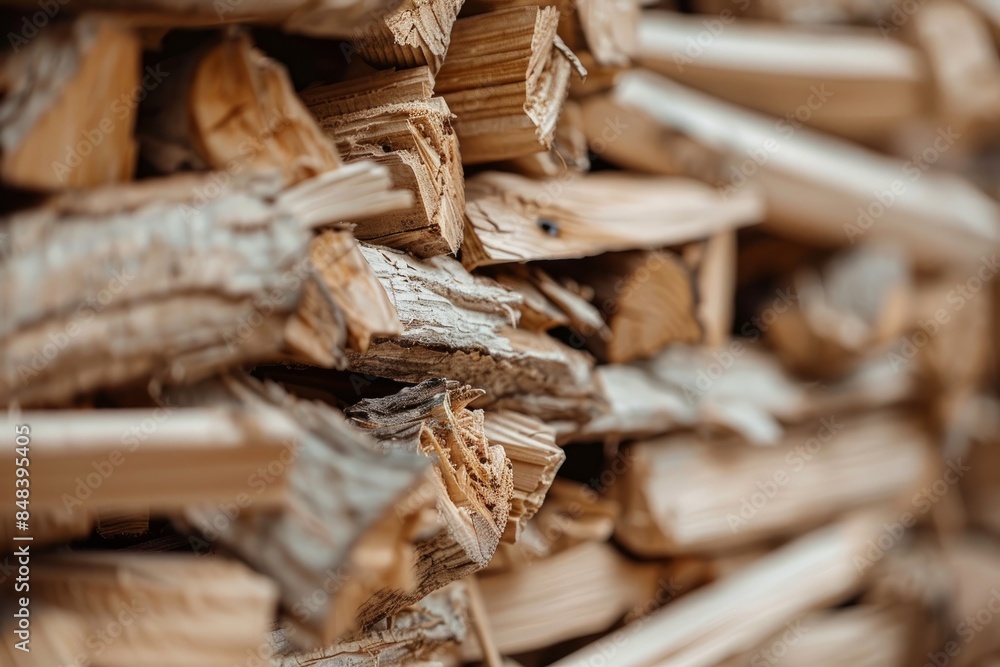 A close-up photograph of a neatly stacked woodpile showcasing sustainable biomass wood, with a soft-focus background emphasizing renewable energy A close-up photograph of a neatly stacked woodpile showcasing sustainable biomass wood, with a soft-focus background emphasizing renewable energy