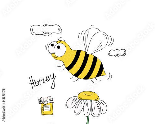 Cartoon Bee, jar of honey, flower. Cheerful insect. Hand lettering, drawing, doodle. White background. Isolated background.	