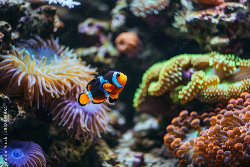 A close-up view of a bright orange and black anemonefish swimming gracefully amidst a colorful coral reef A close-up view of a bright orange and black anemonefish swimming gracefully amidst a colorful coral reef