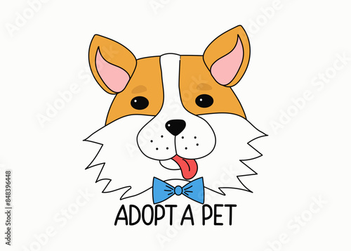 Cute funny puppy. Cartoon dog. Adopt a pet, inscription. Hand lettering. Homeless animal. Vector illustration, isolated background.