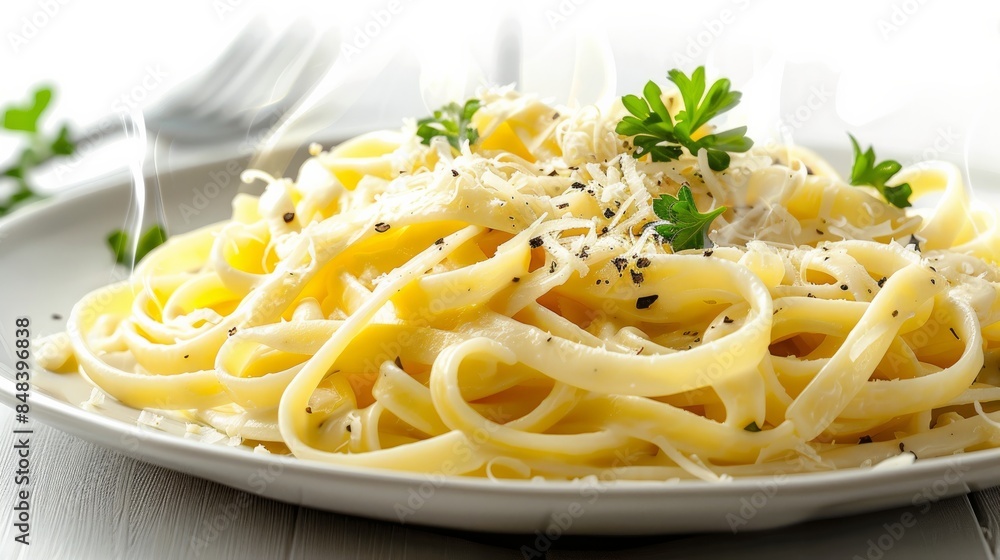 A steaming plate of fettuccine Alfredo on a transparent background 