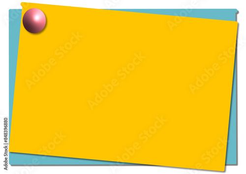Foglio azzurro e foglio giallo bloccato da calamita rosa rotonda - appunti d’ufficio - slide - presentazione - ideale per sublimazione, presentazione , adesivo, promemoria