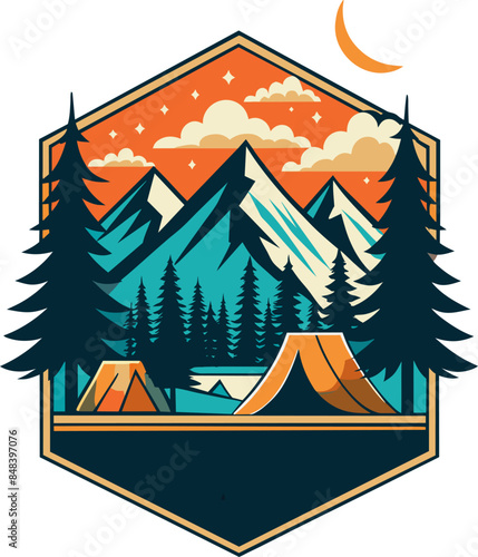 Vintage Vektor Logo Vorlage Camping Copyspace - Wald und Berge - Camp Outdoor - Retro Style