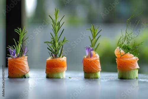 Elegant smoked salmon appetizers garnished with fresh herbs, served in glass cups for a sophisticated culinary presentation at a fine dining event