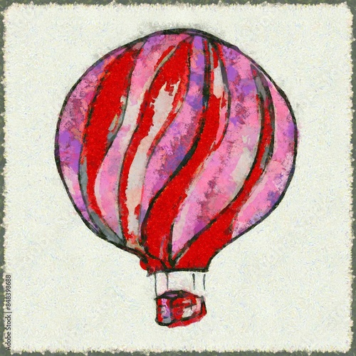 Beautiful hand-drawn illustration of a red balloon with a basket isolated on a white background