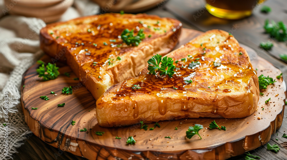 Two slices of french toast with olive oil and fresh herbs on wooden plate Two slices of french toast with olive oil and fresh herbs on wooden plate