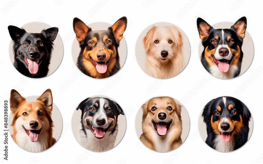 Fototapeta premium A set of stickers with images of different dog breeds in a round format on a white background.