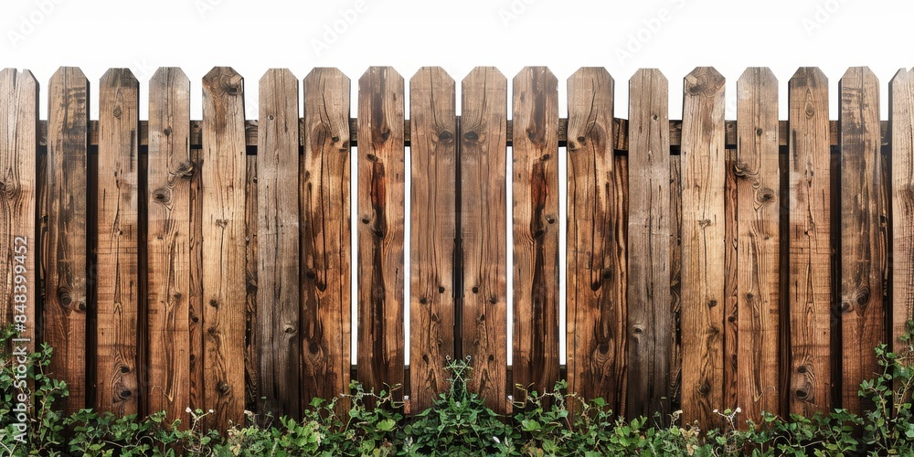Fototapeta premium A wooden fence with vertical planks and green foliage growing at the bottom, set against a white background.