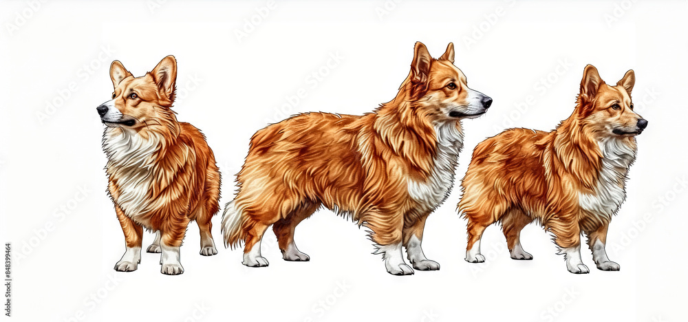 A set of cartoon stickers of Corgi dogs of different colors, different facial expressions on a white background.