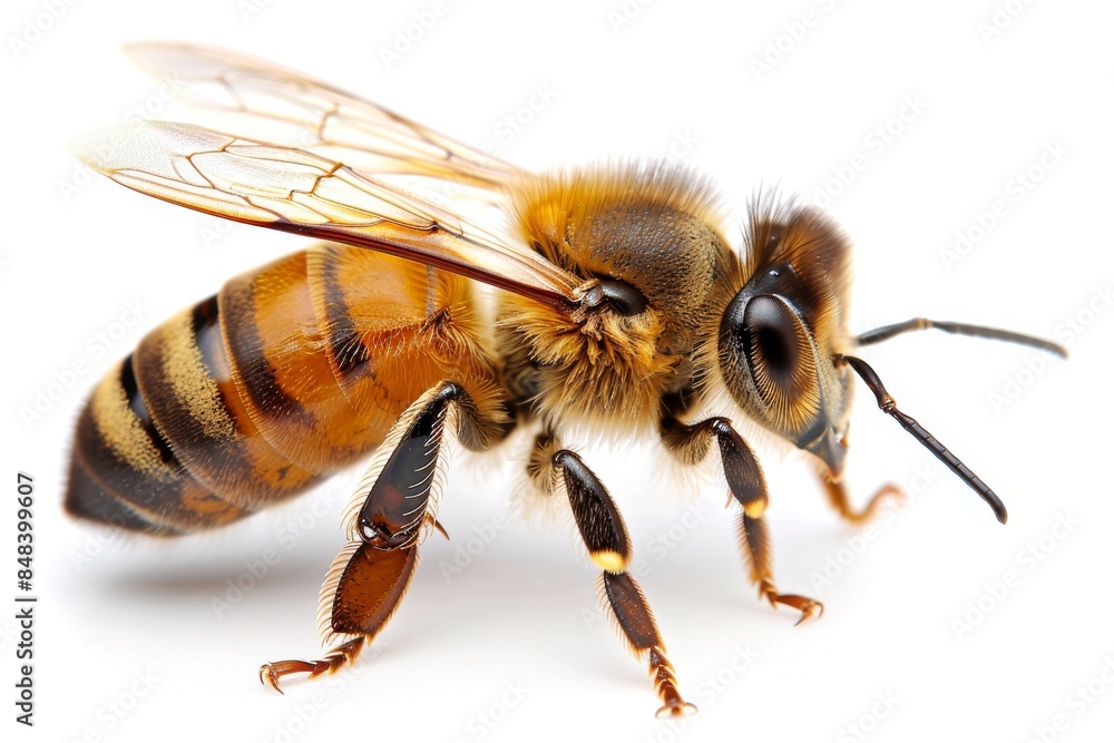 Honeybee in side view with wings extended, showcasing the beauty and intricacy of this essential pollinator in a natural setting Honeybee in side view with wings extended, showcasing the beauty and intricacy of this essential pollinator in a natural setting