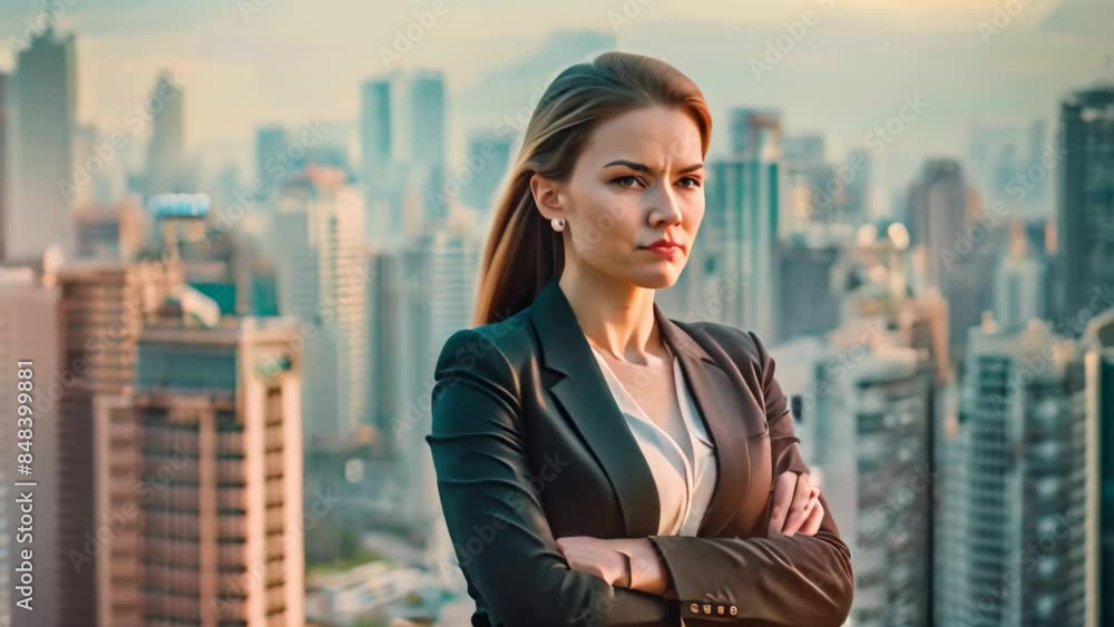 A confident woman in a business suit standing before a city skyline, A businessman in a sleek suit, standing confidently with arms crossed A confident woman in a business suit standing before a city skyline, A businessman in a sleek suit, standing confidently with arms crossed