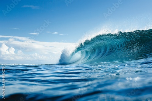 Fototapeta Naklejka Na Ścianę i Meble -  A dramatic side view of a colossal ocean wave breaking against a clear blue sky