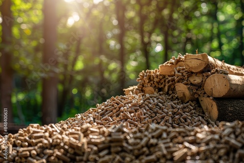 A high angle view of a large pile of wood pellets stacked on top of a few logs. The background is a blurred forest scene with sunlight streaming through the trees