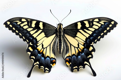 Elegant butterfly with yellow and black wings, presenting a striking contrast and intricate patterns in a detailed and artistic composition