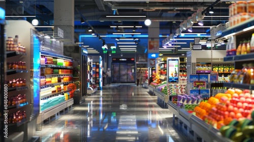 Create a futuristic, cashier-less store with automated checkouts, AI inventory systems, and digital price tags. Customers interact smoothly with technology, showcasing modern retail innovation.