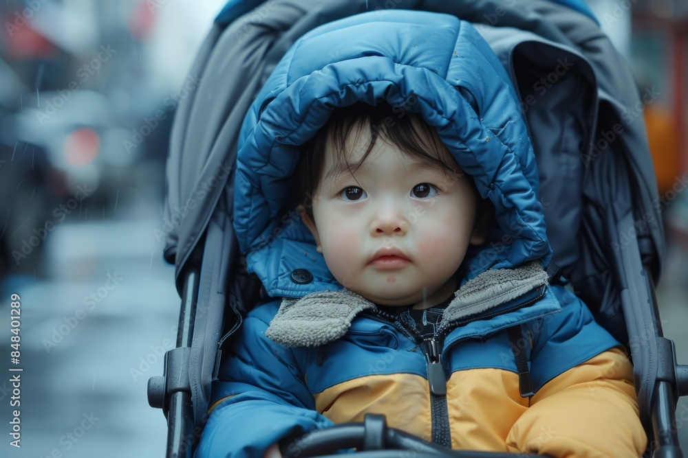 Child boy in children's stroller on a walk Child boy in children's stroller on a walk