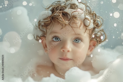 Child taking a bath in the tub with bubbles