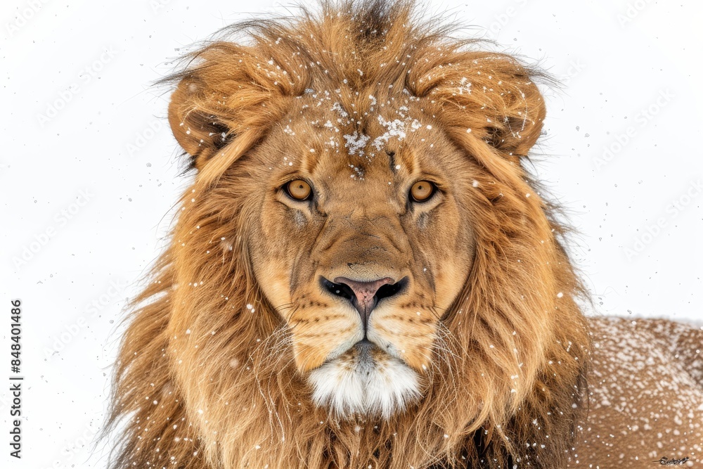 Fototapeta premium Close up portrait of a lion with a snowy mane, highlighting the majestic and powerful features of this magnificent animal
