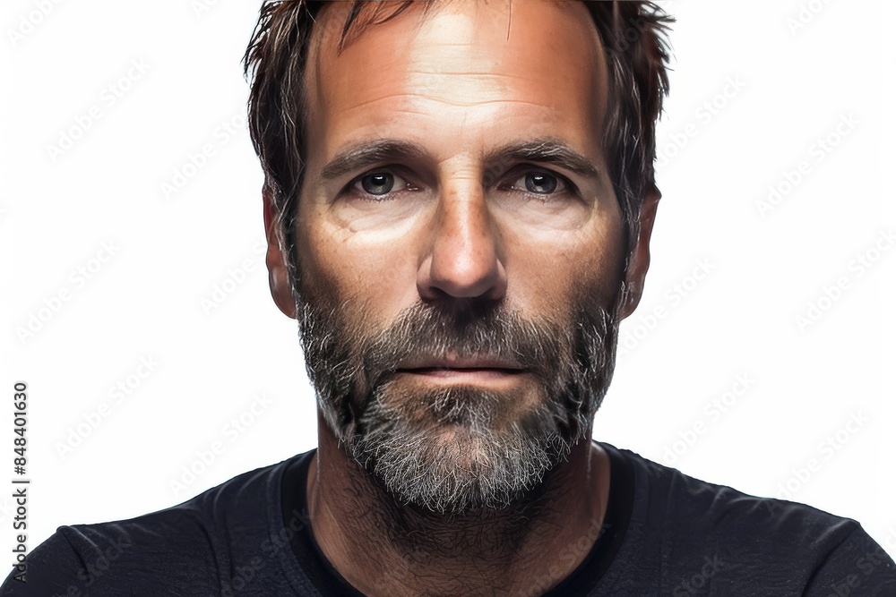 Mature man with a beard and piercing eyes, captured in a close up portrait that highlights his strong and wise features Mature man with a beard and piercing eyes, captured in a close up portrait that highlights his strong and wise features