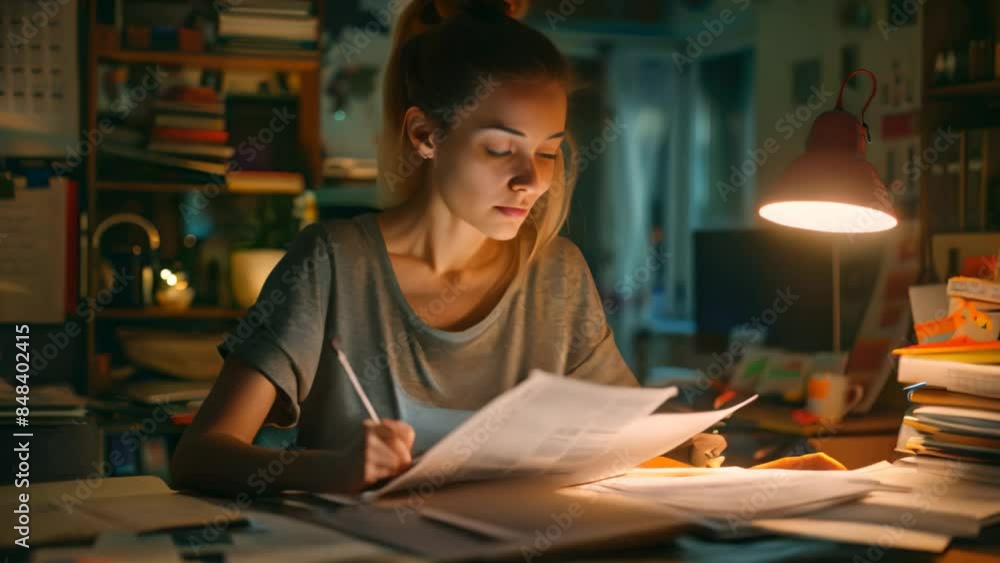 A woman sits at a desk, reading a paper surrounded by late-night darkness, A woman working late into the night, surrounded by papers and charts A woman sits at a desk, reading a paper surrounded by late-night darkness, A woman working late into the night, surrounded by papers and charts