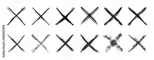 X scribble cross marks in black ink. Vector set of grunge error or cancellation symbols.