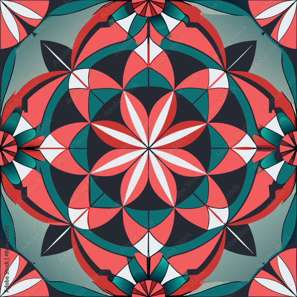 A modern geometric pattern featuring a harmonious blend of red, green, black, and white shapes creates an ornate and symmetrical design A modern geometric pattern featuring a harmonious blend of red, green, black, and white shapes creates an ornate and symmetrical design