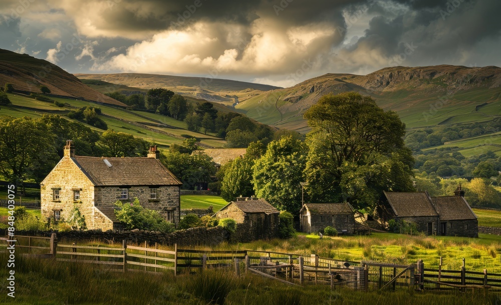 custom made wallpaper toronto digitalOld English farmhouse in the Lake District with rolling green hills behind it, under dramatic clouds and a blue sky. A stone wall is nearby. In front there is a wooden fence.