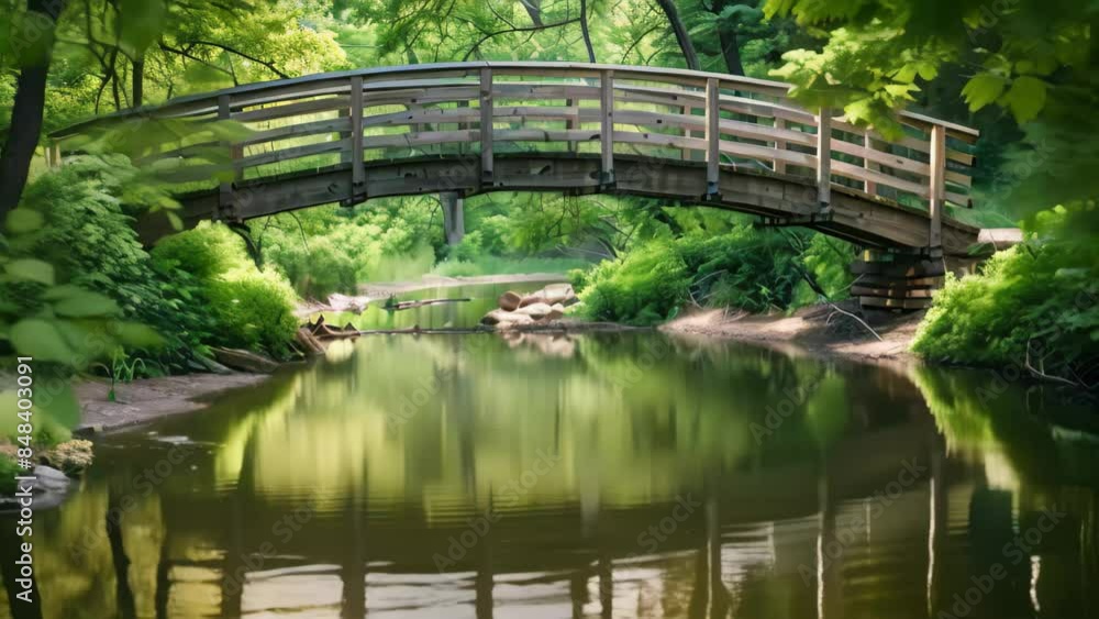 A wooden bridge spans over a calm stream through green landscape under clear sky, A wooden bridge crossing over a tranquil stream