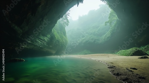 In the heart of this mystical cave, where emerald waters meet sandy shores, nature's serenity envelops adventurers in an otherworldly embrace