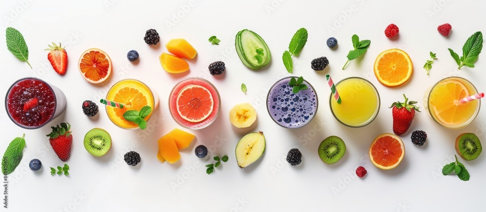 An artistic display featuring smoothies and fruits arranged in a creative layout on a white background, emphasizing a food concept with a flat lay perspective. An artistic display featuring smoothies and fruits arranged in a creative layout on a white background, emphasizing a food concept with a flat lay perspective.