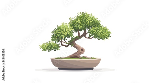 Flat design bonsai tree in a pot, isolated on white background, artistic and miniature, highquality visuals, copy space