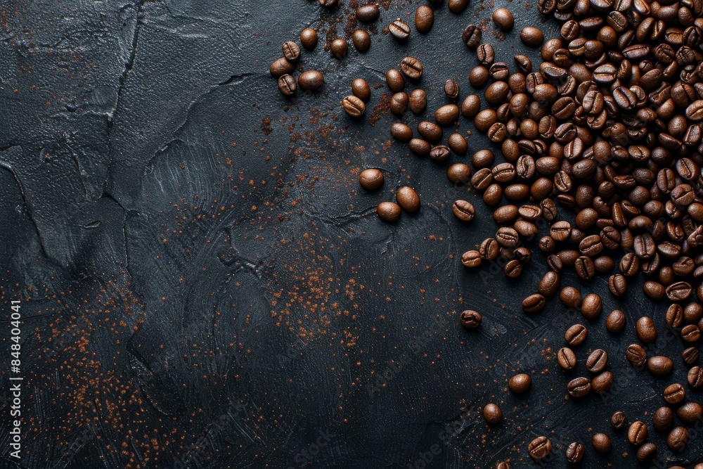 A close-up overhead view of roasted coffee beans scattered across a dark surface. The dynamic lighting creates dramatic shadows A close-up overhead view of roasted coffee beans scattered across a dark surface. The dynamic lighting creates dramatic shadows