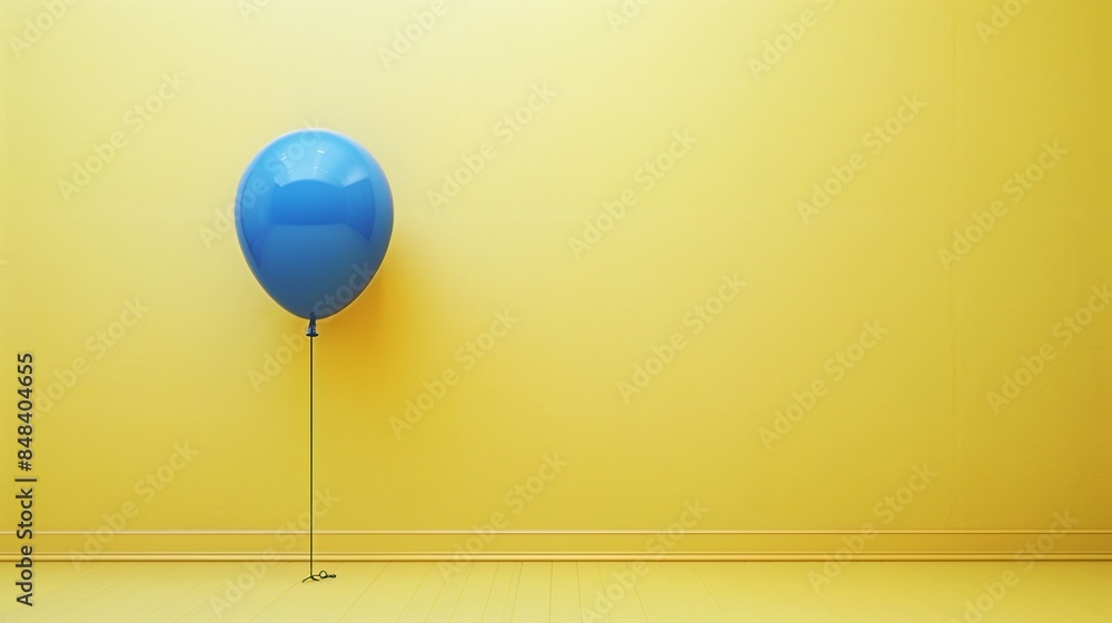 A solitary blue balloon tethered to the ground on a solid yellow backdrop, creating a visually stunning contrast. A solitary blue balloon tethered to the ground on a solid yellow backdrop, creating a visually stunning contrast.