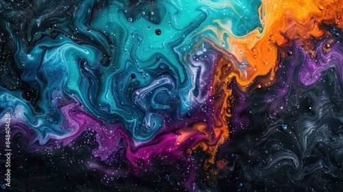 A vivid gradient featuring neon purple, teal, and orange, flowing with white highlights on a black grainy texture. 