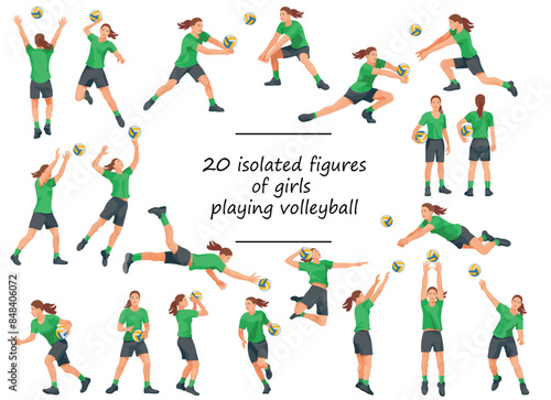 Vector isolated figures of girl's volleyball team in green sports uniform training, running, jumping, throwing, hitting the ball