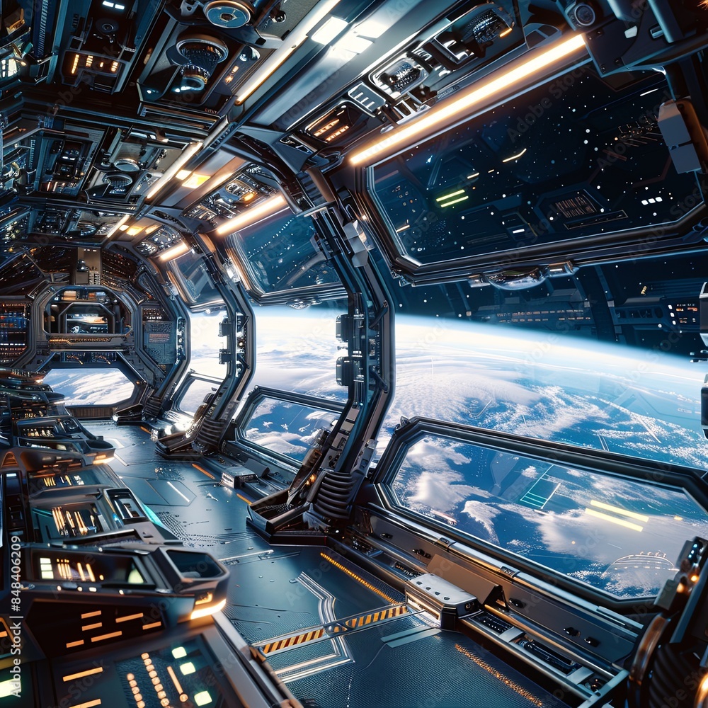Fototapeta premium Futuristic space station interior with a clear view of the Earth and stars from a large window - 6