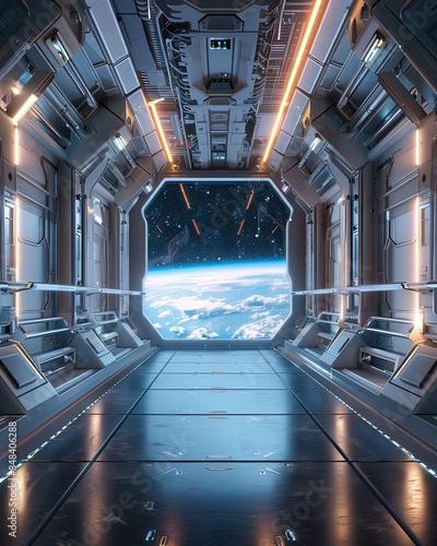 Fototapeta Naklejka Na Ścianę i Meble -  Futuristic space station interior with a clear view of the Earth and stars from a large window - 8