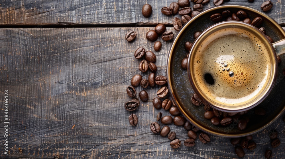 Aromatic coffee in a cup on a wooden table seen from above Room for adding text Aromatic coffee in a cup on a wooden table seen from above Room for adding text