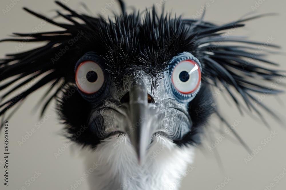 Fototapeta premium Humorous close up of a black and white bird with wild, spiky feathers, captured in sharp focus against a neutral background, emphasizing its quirky and unique personality