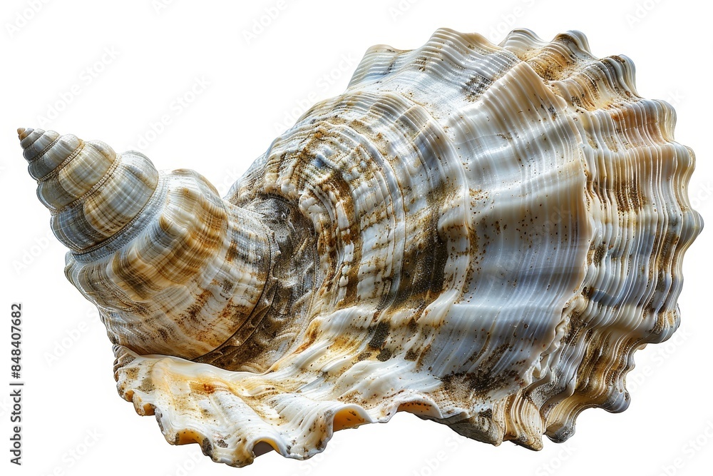 Close-up of a beautiful, intricately patterned seashell with a spiral shape. Perfect for coastal and nature-themed designs and decorations, white background Close-up of a beautiful, intricately patterned seashell with a spiral shape. Perfect for coastal and nature-themed designs and decorations, white background