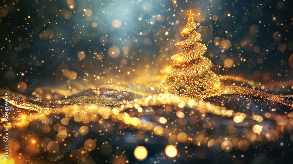Naklejka premium Illustration of a Golden Christmas Tree on Christmas Eve with an Abstract background. Ai generated image