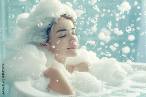 Young woman taking bubble bath