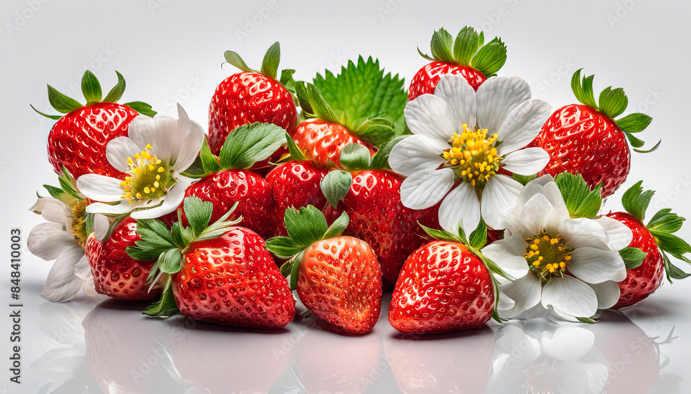 Ripe strawberries and flowers in hair on white background. Ripe strawberries and flowers in hair on white background.