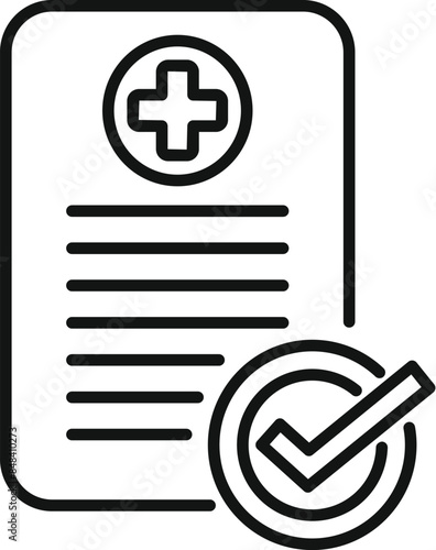 Simple line icon of a medical report with a check mark, symbolizing approval for health insurance coverage