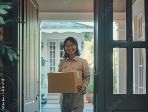 A woman is standing outside holding a brown box