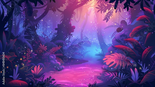 An illustration of a tropical forest at night with glowing plants and a pink river. © stocker