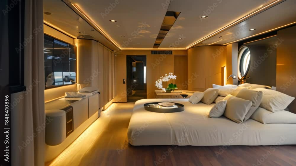 A bedroom featuring a generously sized bed positioned near a sizable window, Advanced technology integrated seamlessly into the design A bedroom featuring a generously sized bed positioned near a sizable window, Advanced technology integrated seamlessly into the design