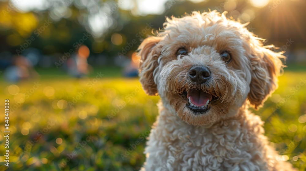 White Curly-Haired Dog in Autumn Park.. White Curly-Haired Dog in Autumn Park..
