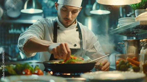 Chef in white uniform stirring vegetables in a pan. photo